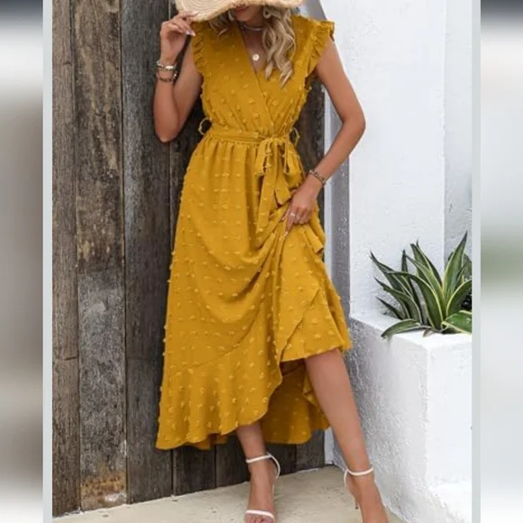 BTFBM Women's 2023 Summer Wrap V Neck Dress Ruffle Sleeve Swiss Dot Boho Sz M - Picture 3 of 16